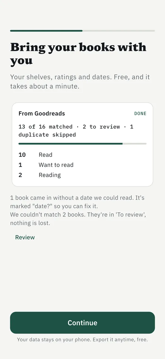 Écran d’import Tomely : depuis Goodreads, 13 sur 16 reconnus, 2 à vérifier, 1 doublon ignoré