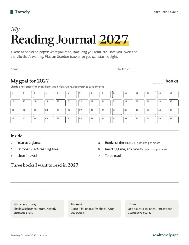 Titelseite der Vorlage: Reading Journal 2027, ein Zielraster mit 60 Kästchen zum Ausmalen und die Liste der Seiten