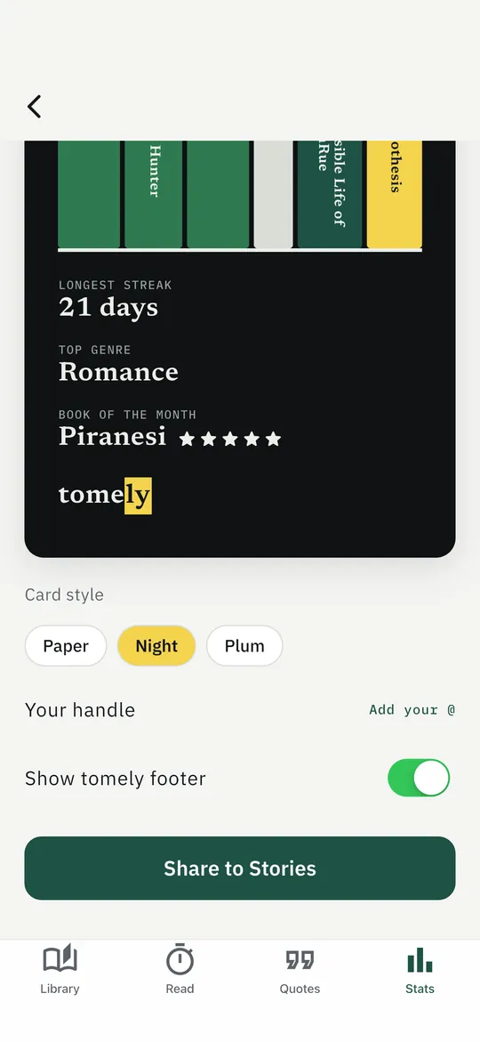 Carte du mois Tomely en style Night : septembre 2026, 6 livres, plus longue série 21 jours, livre du mois Piranesi