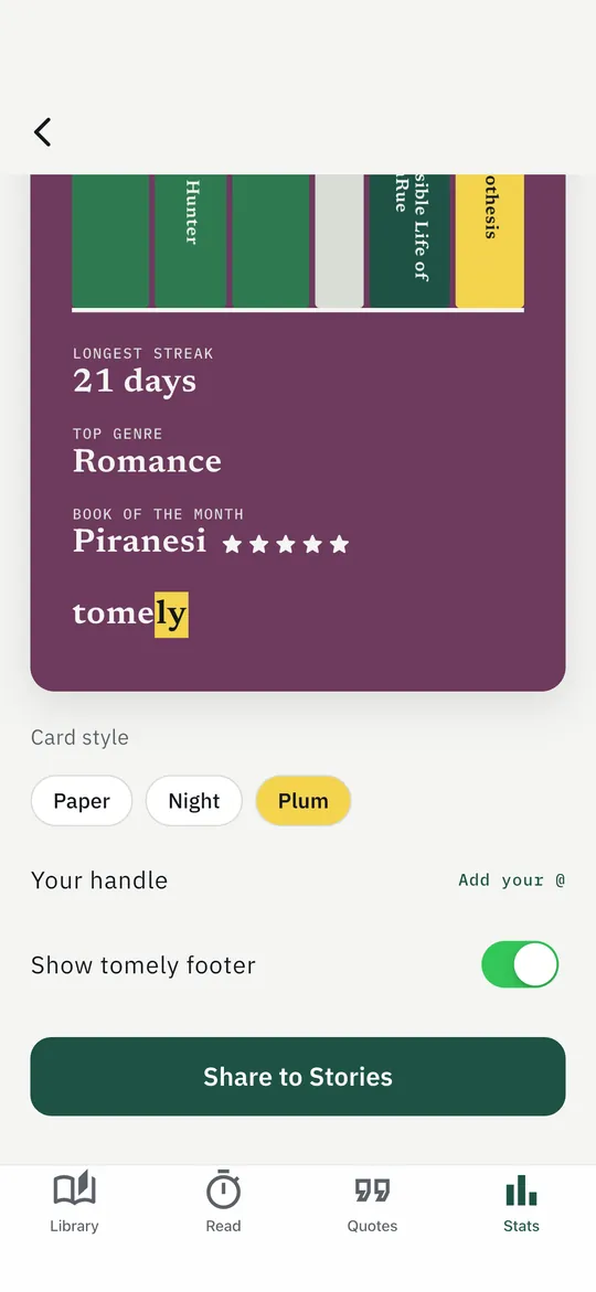 Carte du mois Tomely en style Plum : septembre 2026, 6 livres, plus longue série 21 jours, livre du mois Piranesi